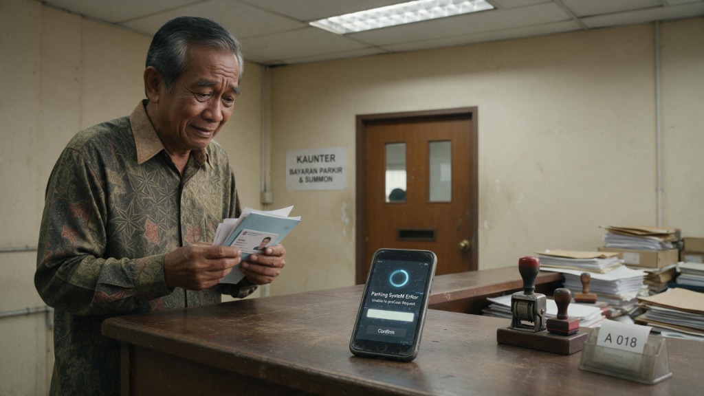 An elderly resident holding documents at an official service counter with backlogged paperwork