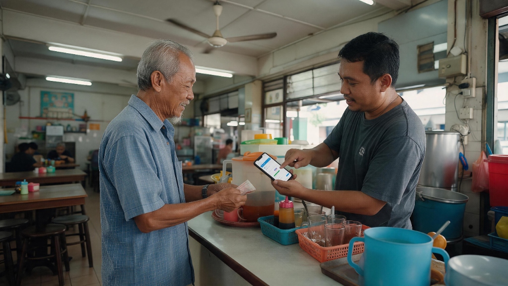 An elderly patron holding cash at a traditional kopitiam counter while a staff member operates a parking app on a smartphone