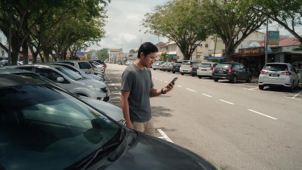 A driver operating a parking mobile app under the scorching tropical sun