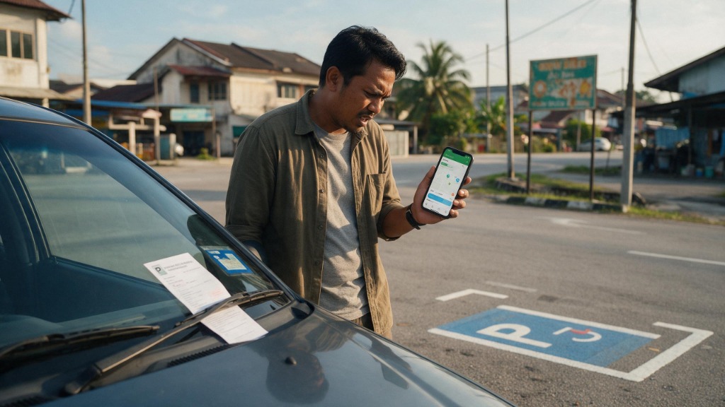 A driver looking at a parking summon ticket under the wiper while holding his phone